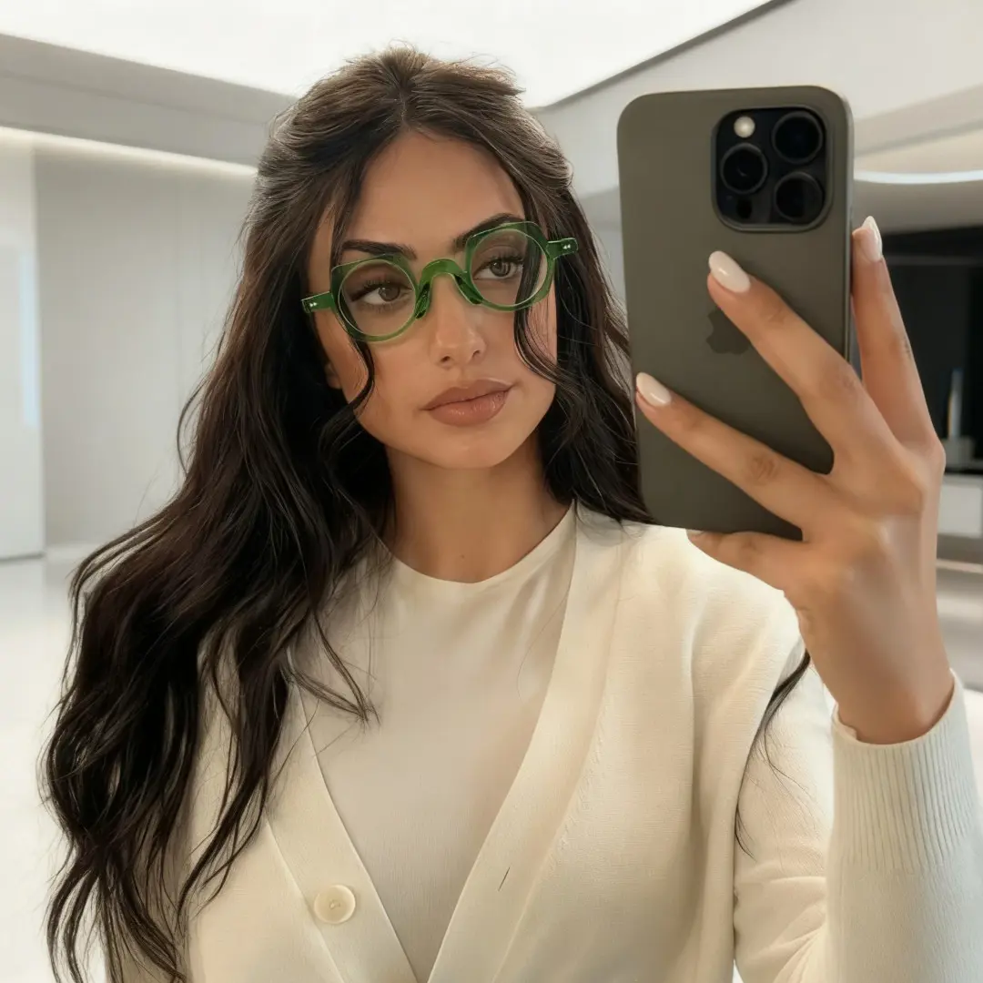 Profile view of female wearing green geometric eyeglasses, Taking a selfie, neutral expression, GP0342411