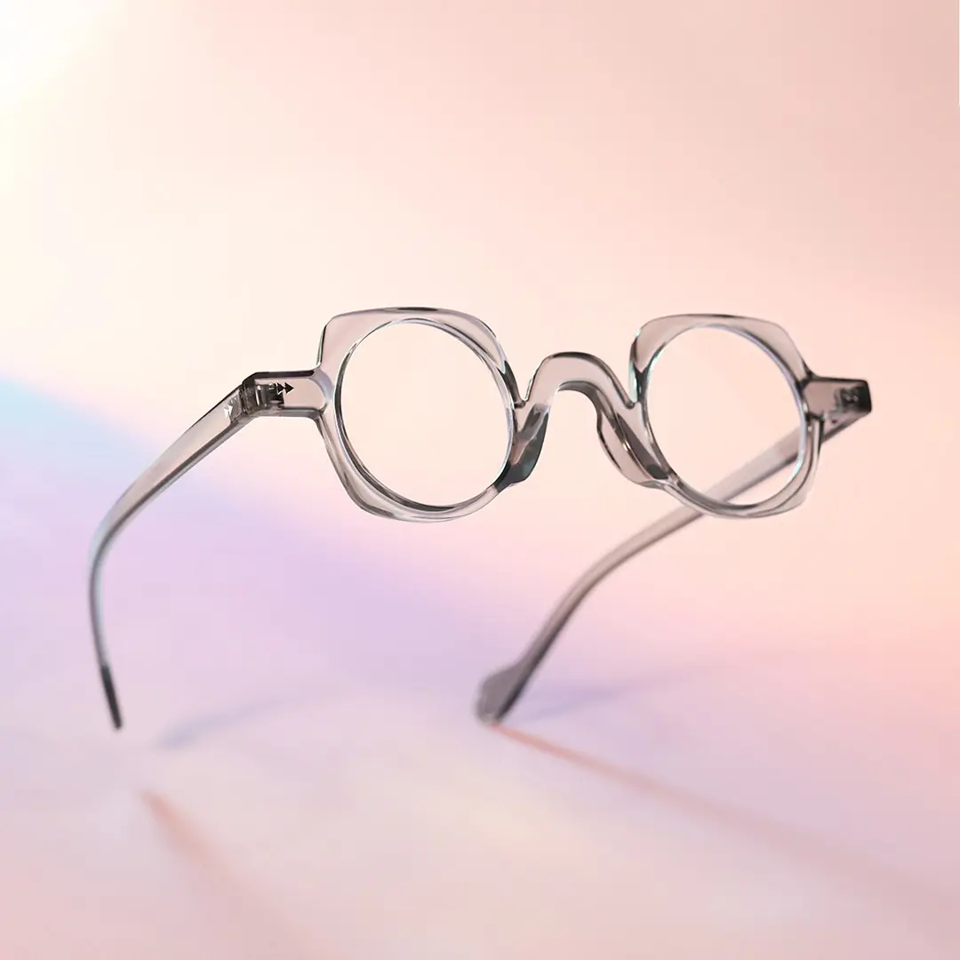Scene close-up view of Rust vintage geometric pc eyeglasses GP0342411 in grey