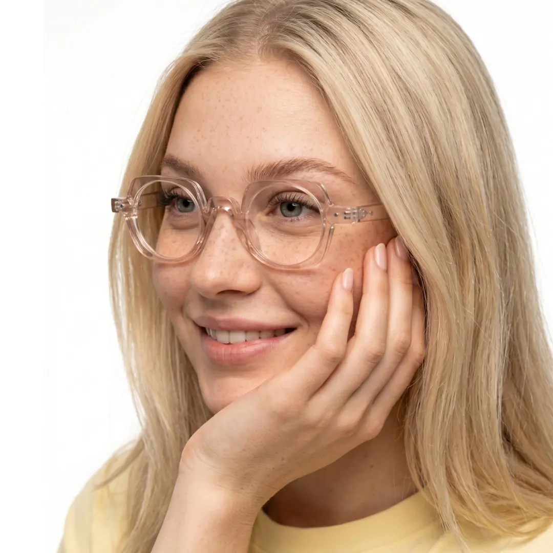 Front view of female wearing vintage light pink geometric eyeglasses, resting chin on hand, smiling, GP0342411
