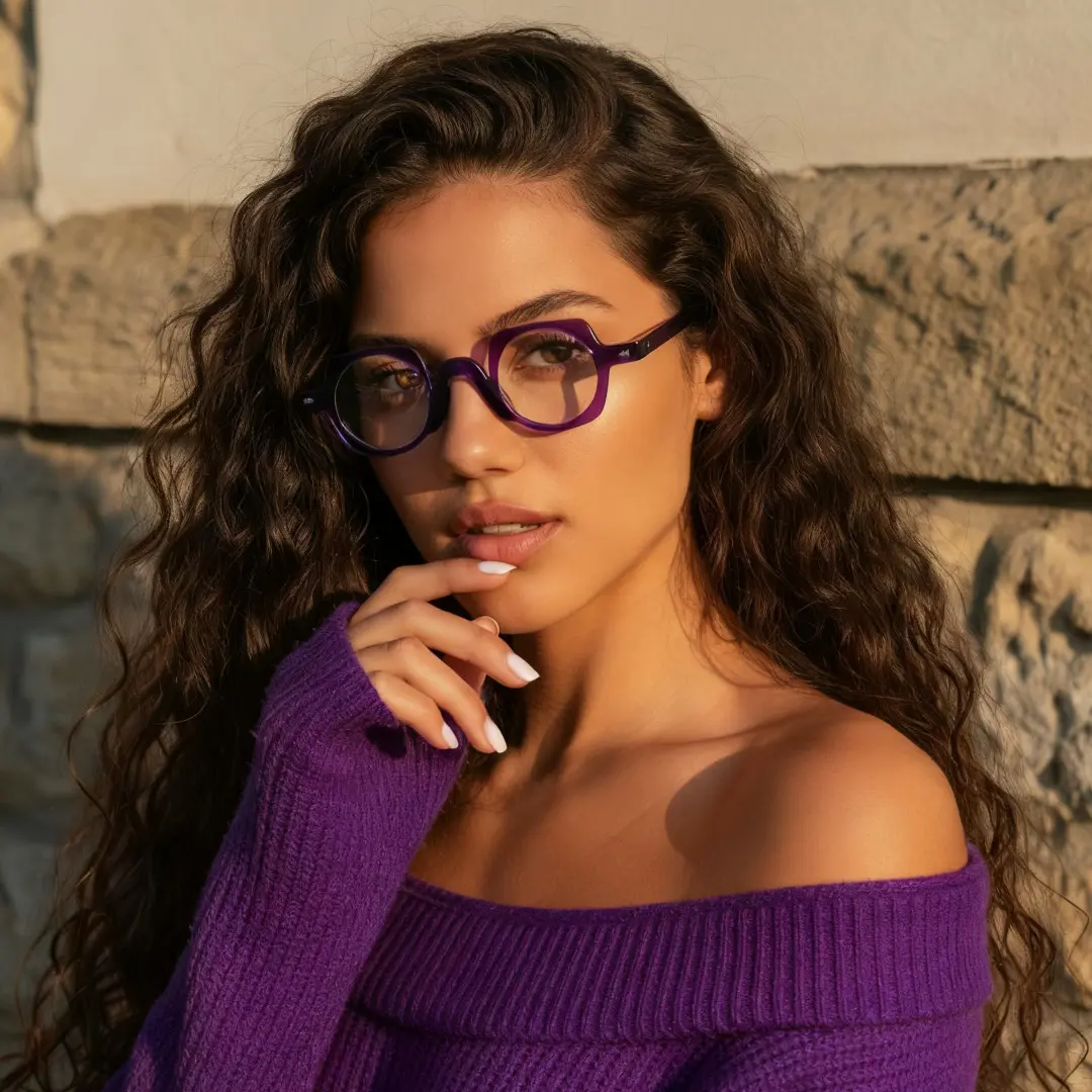 Profile view of female wearing purple geometric eyeglasses, soft smile, GP0342411