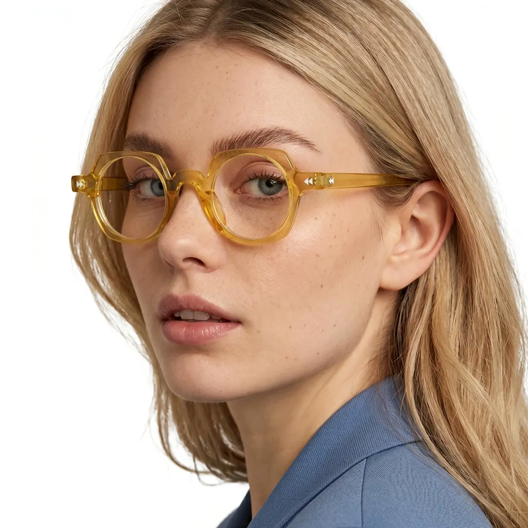 Front view of female wearing vintage yellow geometric eyeglasses, neutral expression, GP0342411