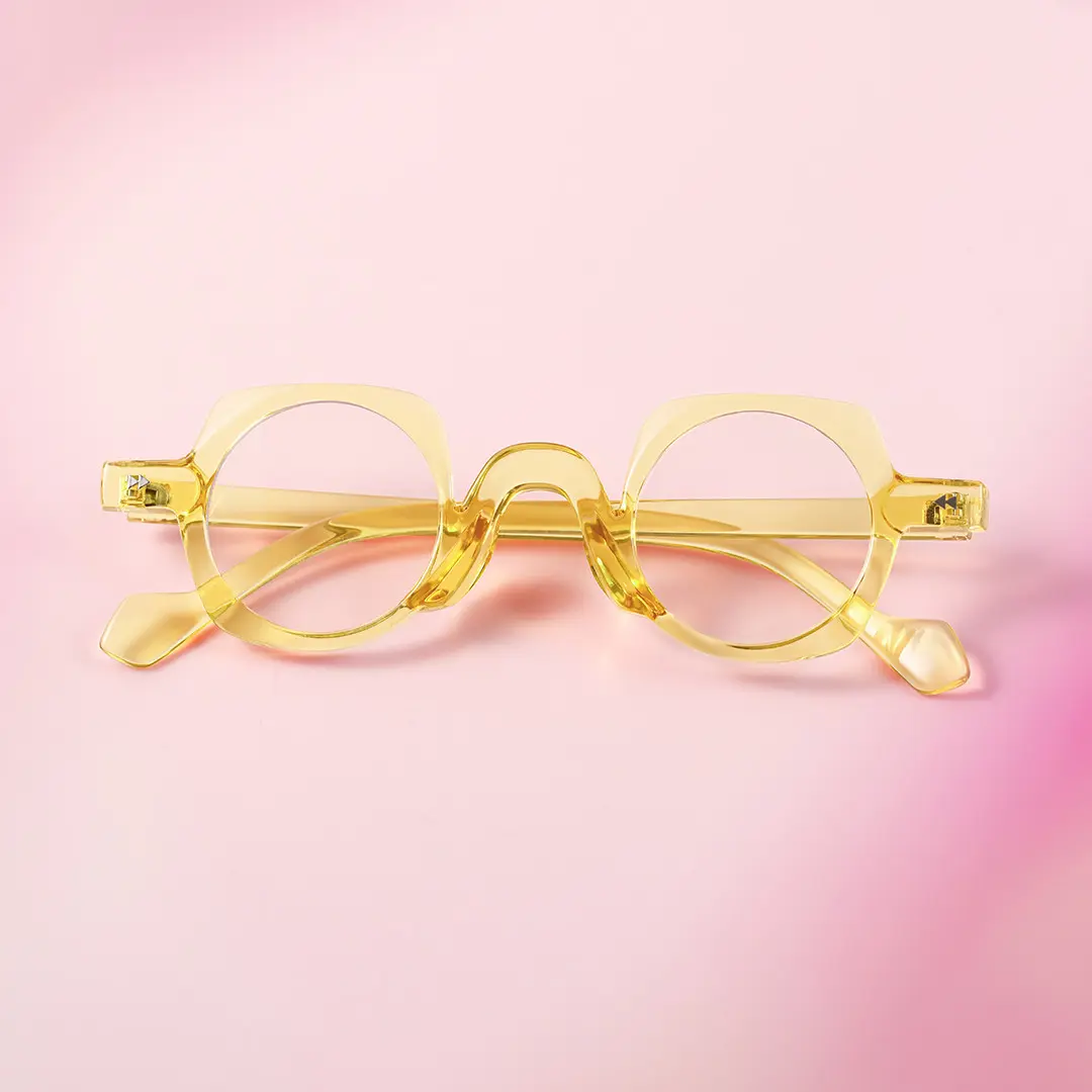 Scene close-up view of Rust geometric pc eyeglasses GP0342411 in yellow