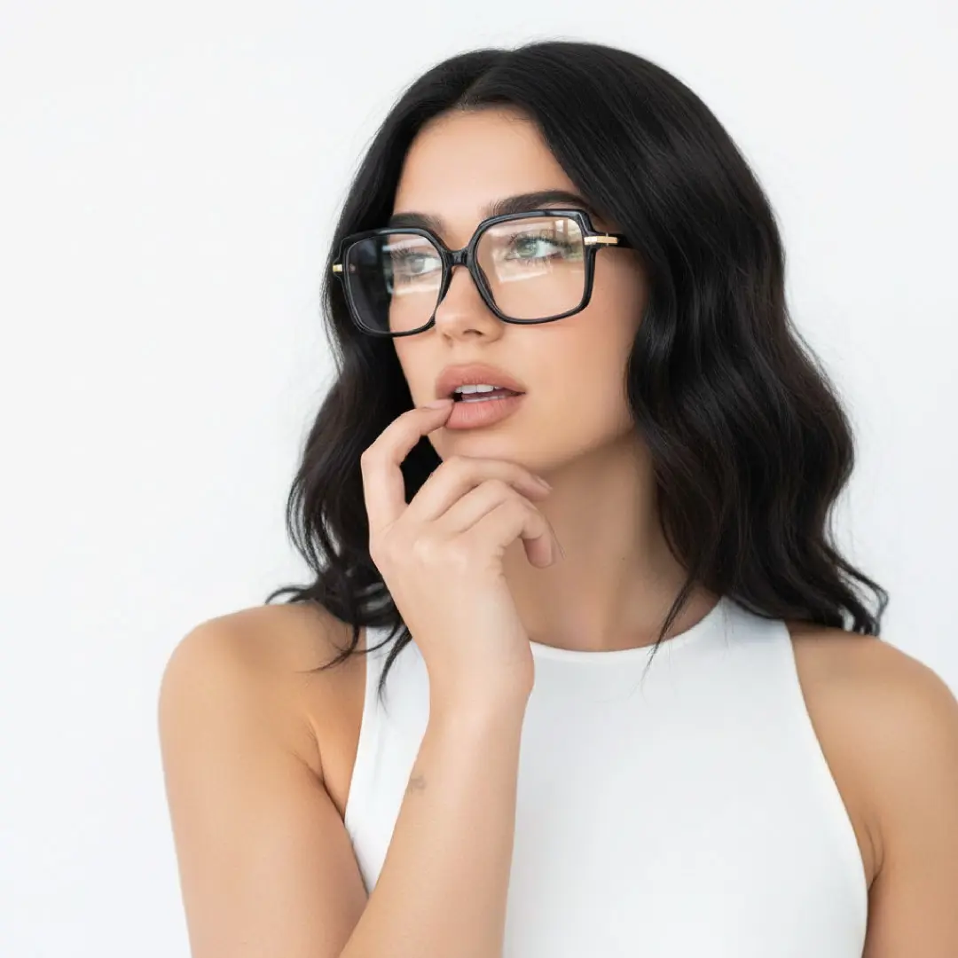 Full profile view of female wearing black geometric eyeglasses, relaxed expression, GR0032510