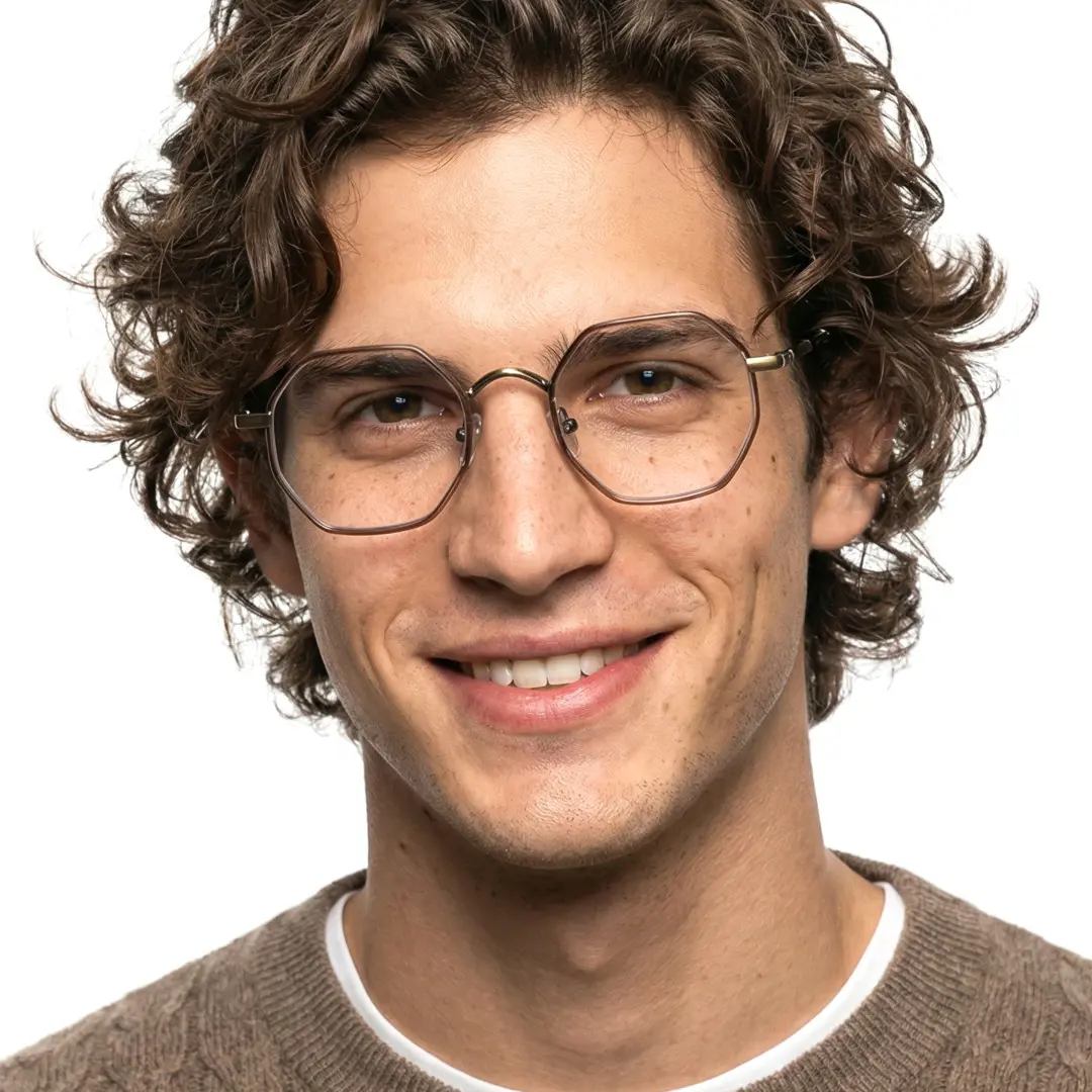 Front view of male wearing brown geometric eyeglasses, smiling, GR0102308