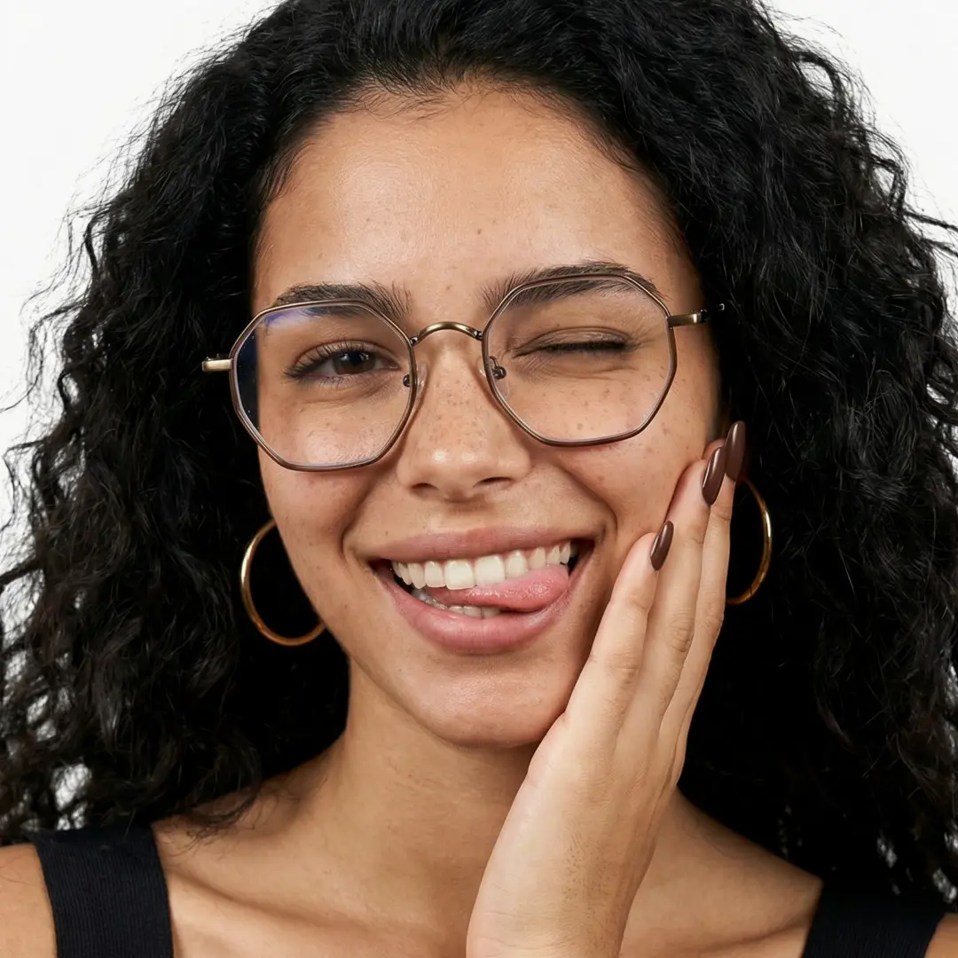 Front view of female wearing brown geometric eyeglasses, winking, sticking out tongue, GR0102308