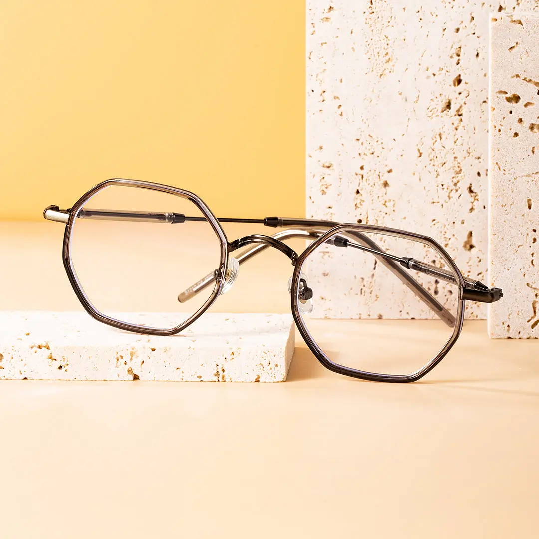 Scene close-up view of Koi geometric tr90 eyeglasses GR0102308 in brown