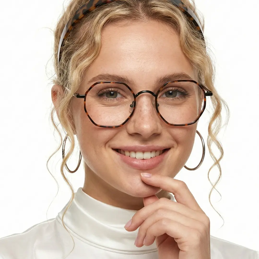 Front view of female wearing tortoise geometric eyeglasses, finger touching lips, smiling, GR0102308