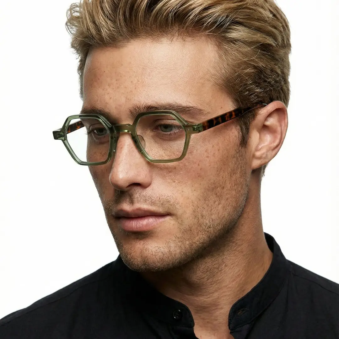 Looking away view of male wearing army green geometric eyeglasses, neutral expression, GR0232302