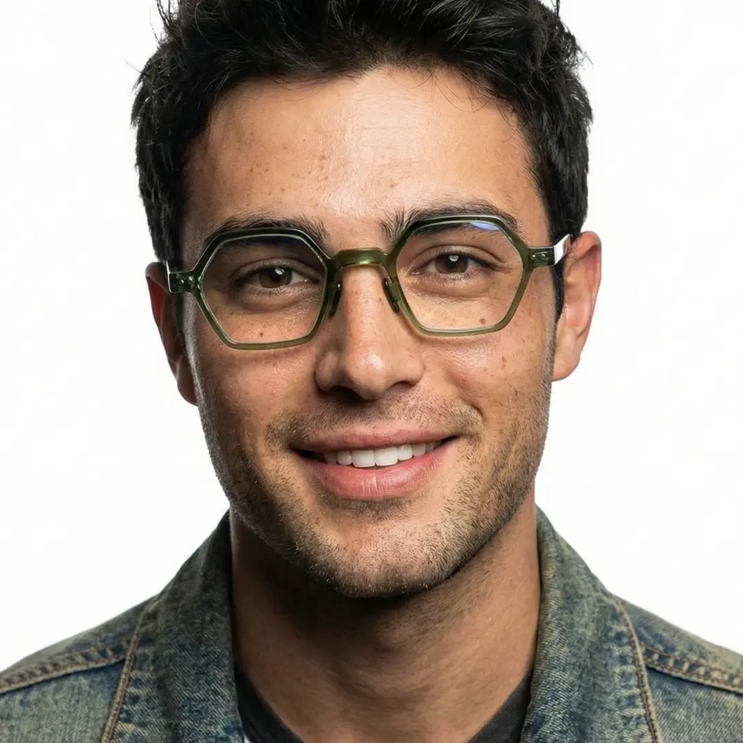 Front view of male wearing vintage army green geometric eyeglasses, smiling, GR0232302