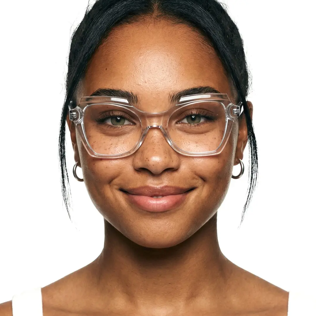 Looking straight ahead view of female wearing clear geometric eyeglasses, natural expression, GR0402302