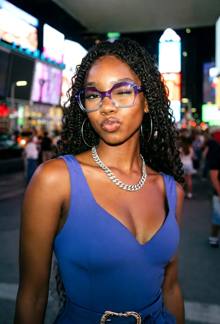 Female model wearing everyday purple geometric tr90 eyeglasses on a night street with city lights. SPU: GR0402302