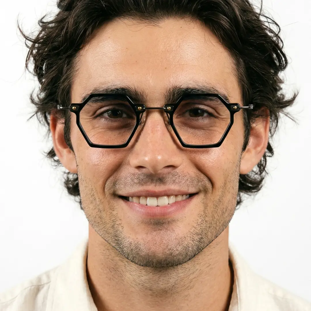 Front view of male wearing black geometric eyeglasses, big smile, GT0032306