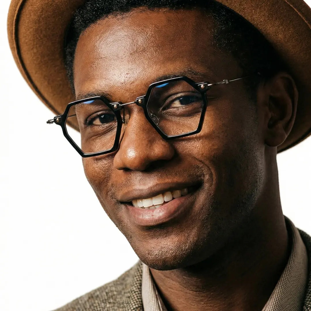 Face close-up view of female wearing black geometric eyeglasses, friendly smile, GT0032306