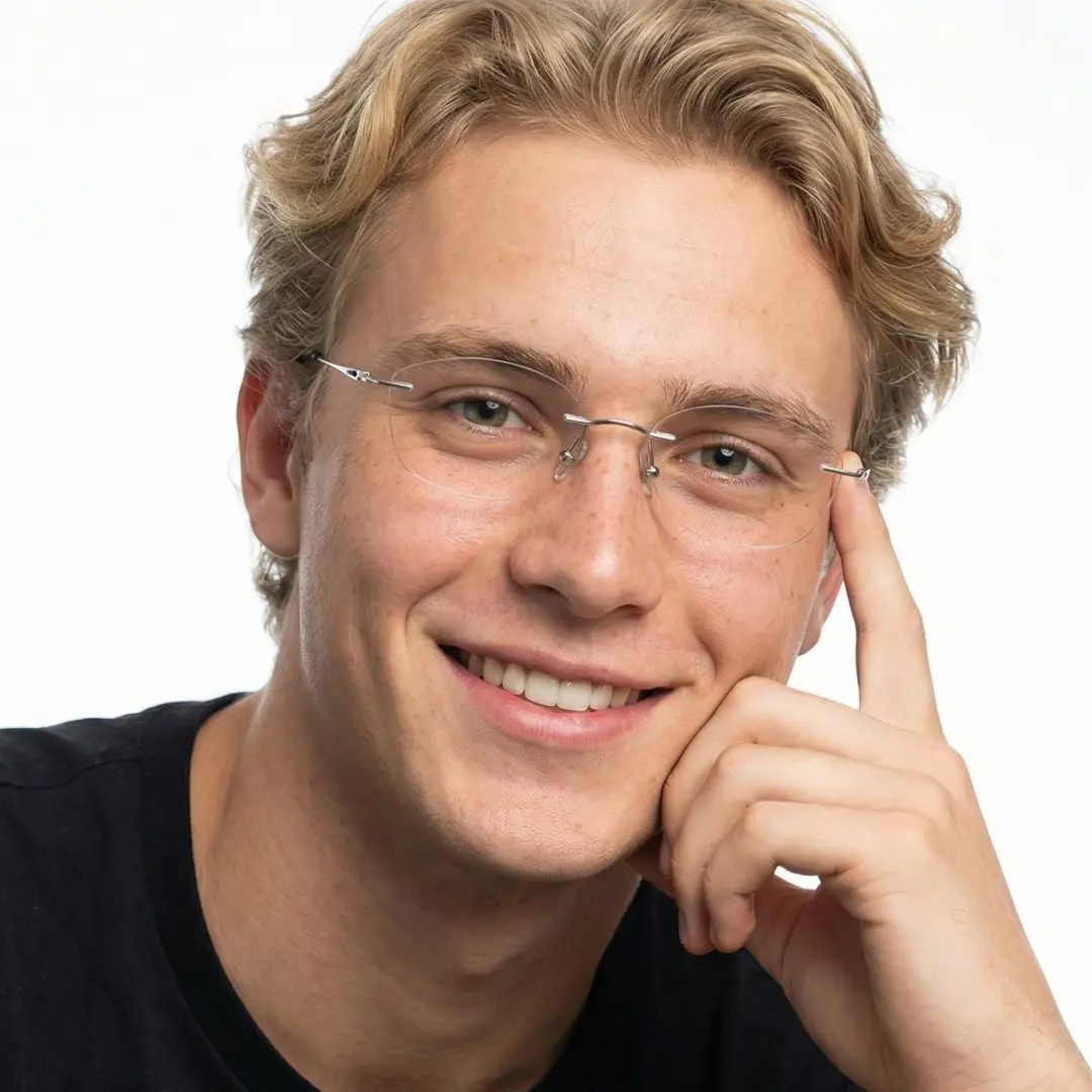 Face close-up view of male wearing y2k silver geometric eyeglasses, hand near face, natural smile, GT0092603