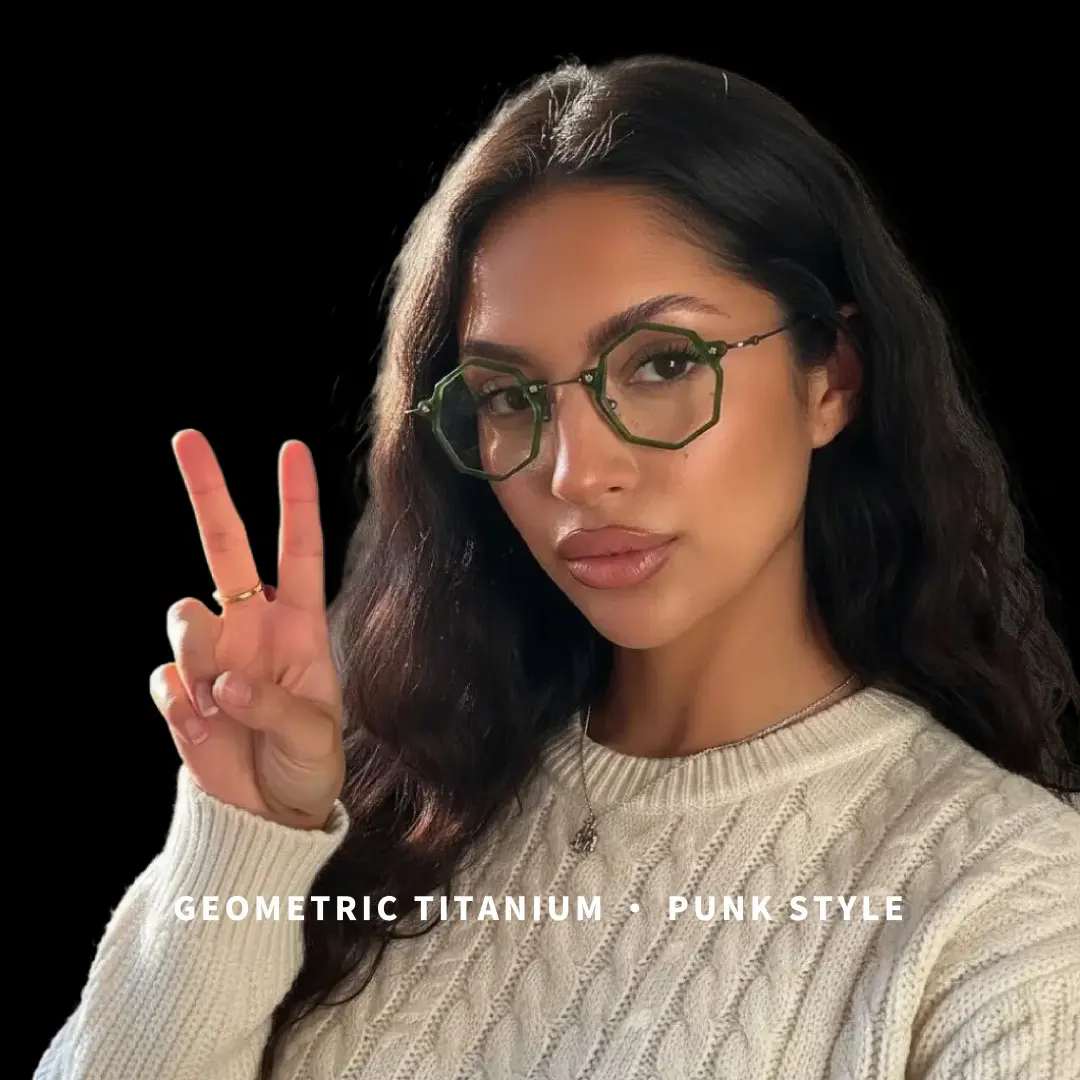 Close-up view of female wearing green geometric eyeglasses, friendly smile, GT0332411