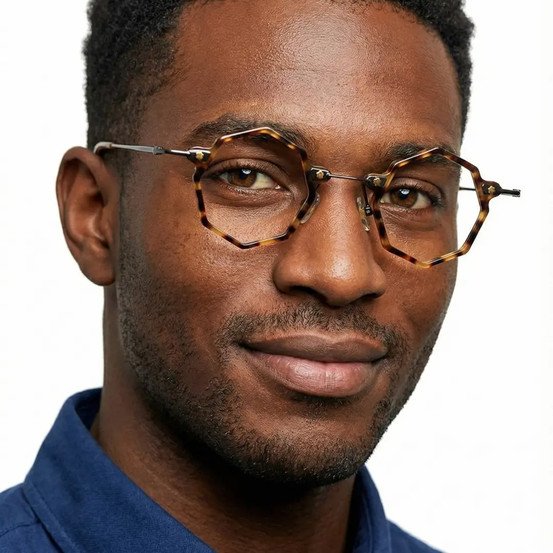 Face close-up view of male wearing steampunk tortoise geometric eyeglasses, smiling, GT0332411
