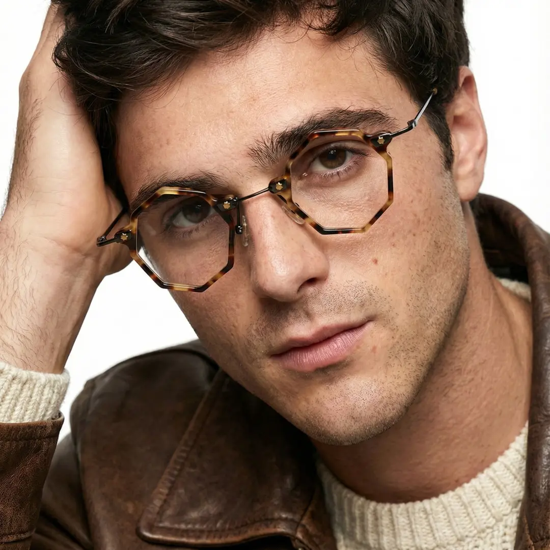 Face close-up view of male wearing steampunk tortoise geometric eyeglasses, neutral expression, GT0332411