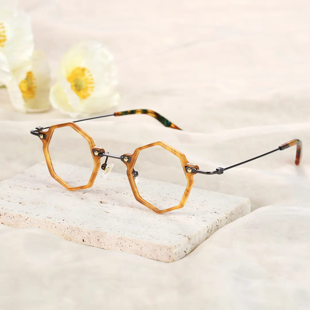 Scene close-up view of Union steampunk geometric titanium eyeglasses GT0332411 in yellow