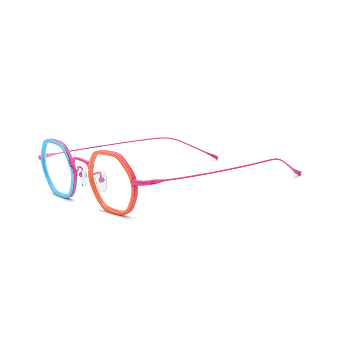Angle view of Riven colorful geometric acetate eyeglasses in multicolor. SPU: GX0462509