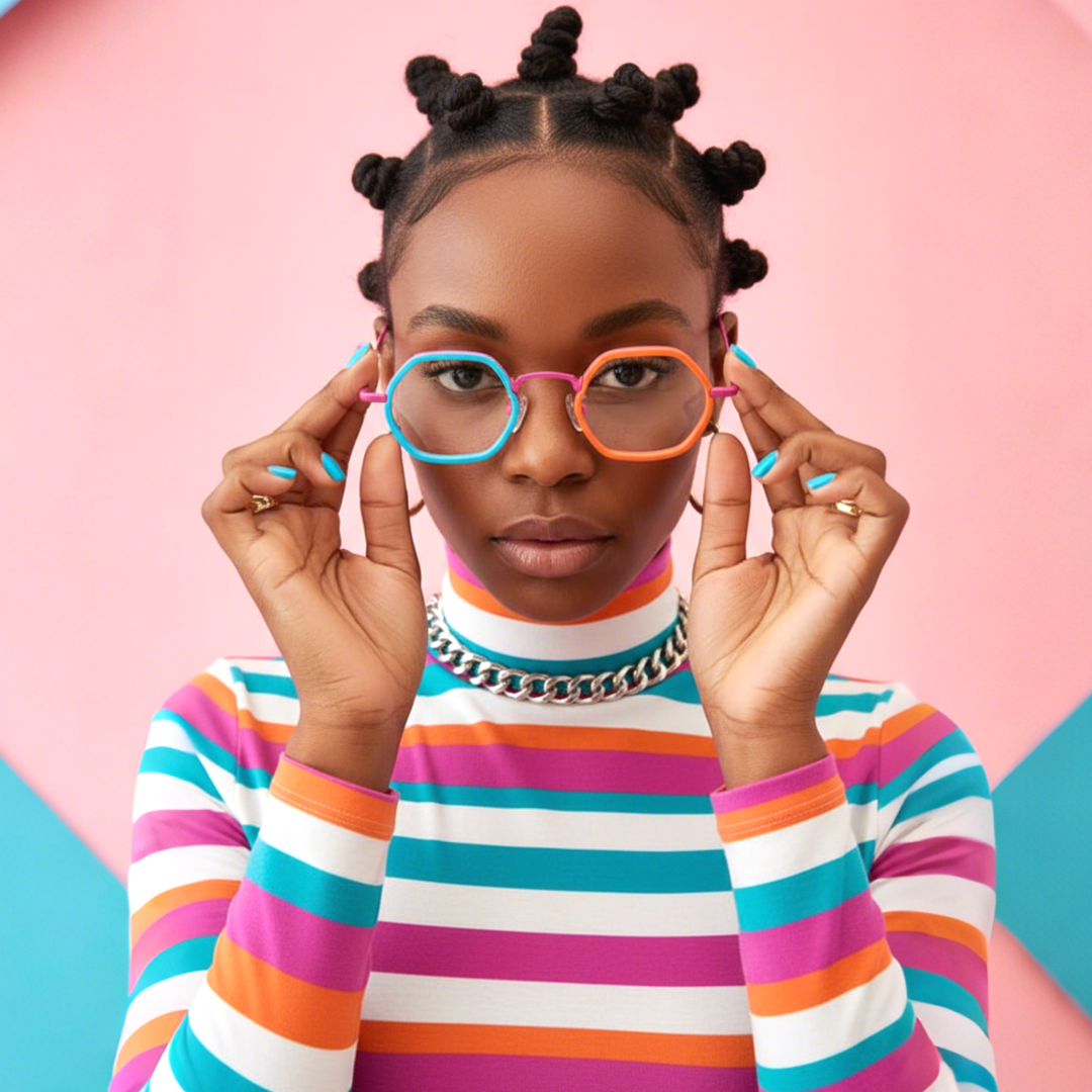 Front view of female wearing colorful multicolor geometric eyeglasses, touching frame, neutral expression, GX0462509
