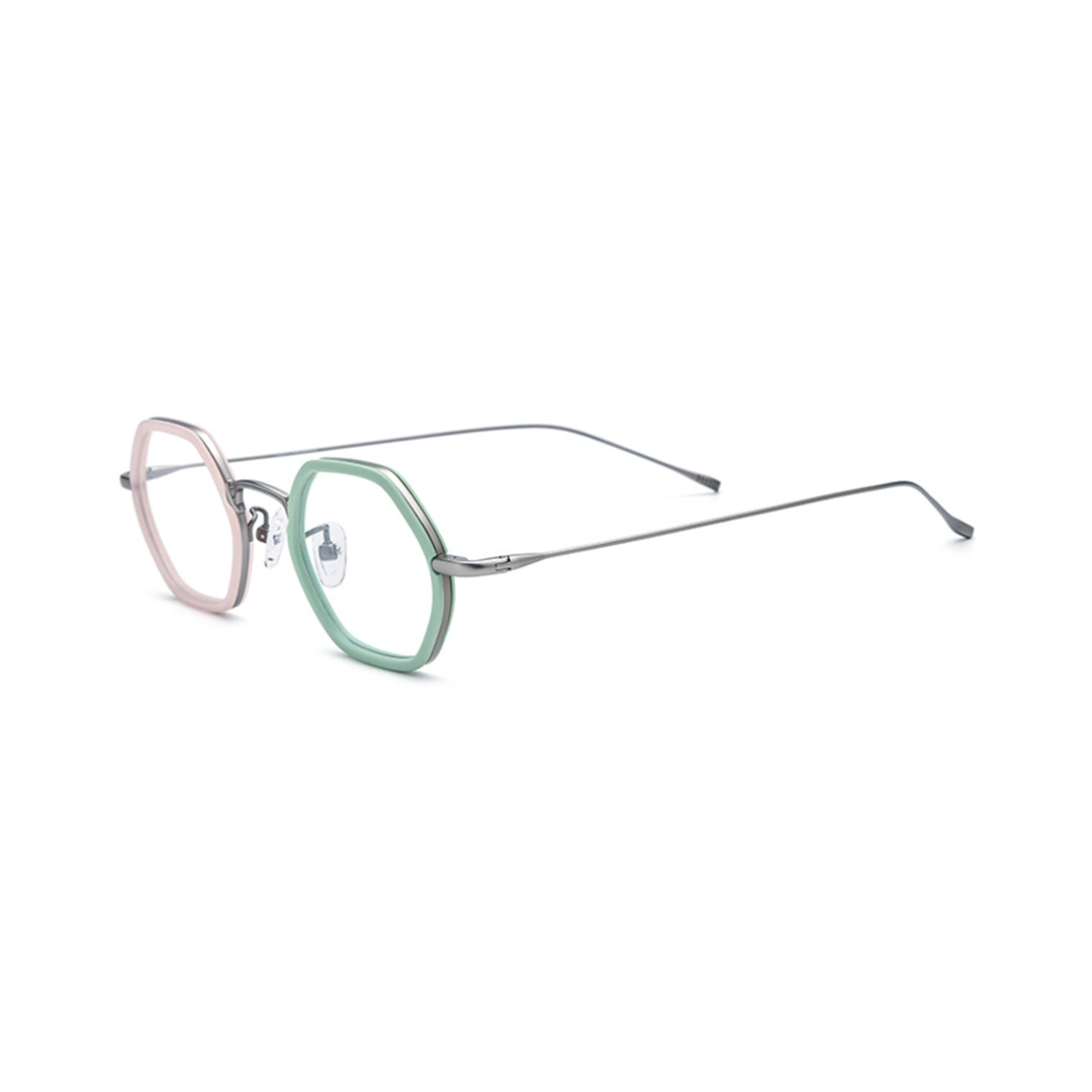 Angle view of Riven geometric acetate eyeglasses GX0462509 in two tone