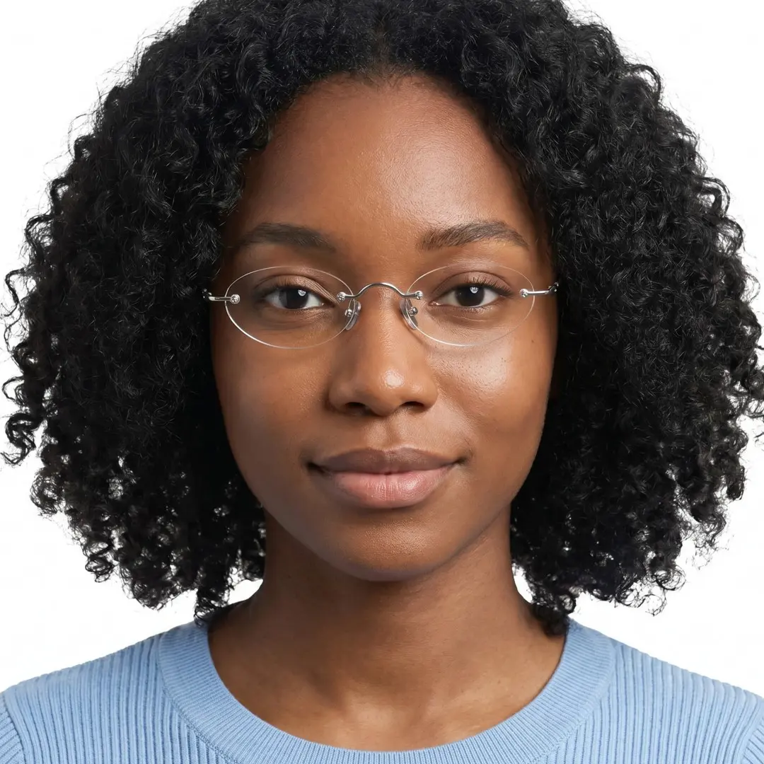 Front view of female wearing vintage gray oval eyeglasses, friendly smile, OA0012604