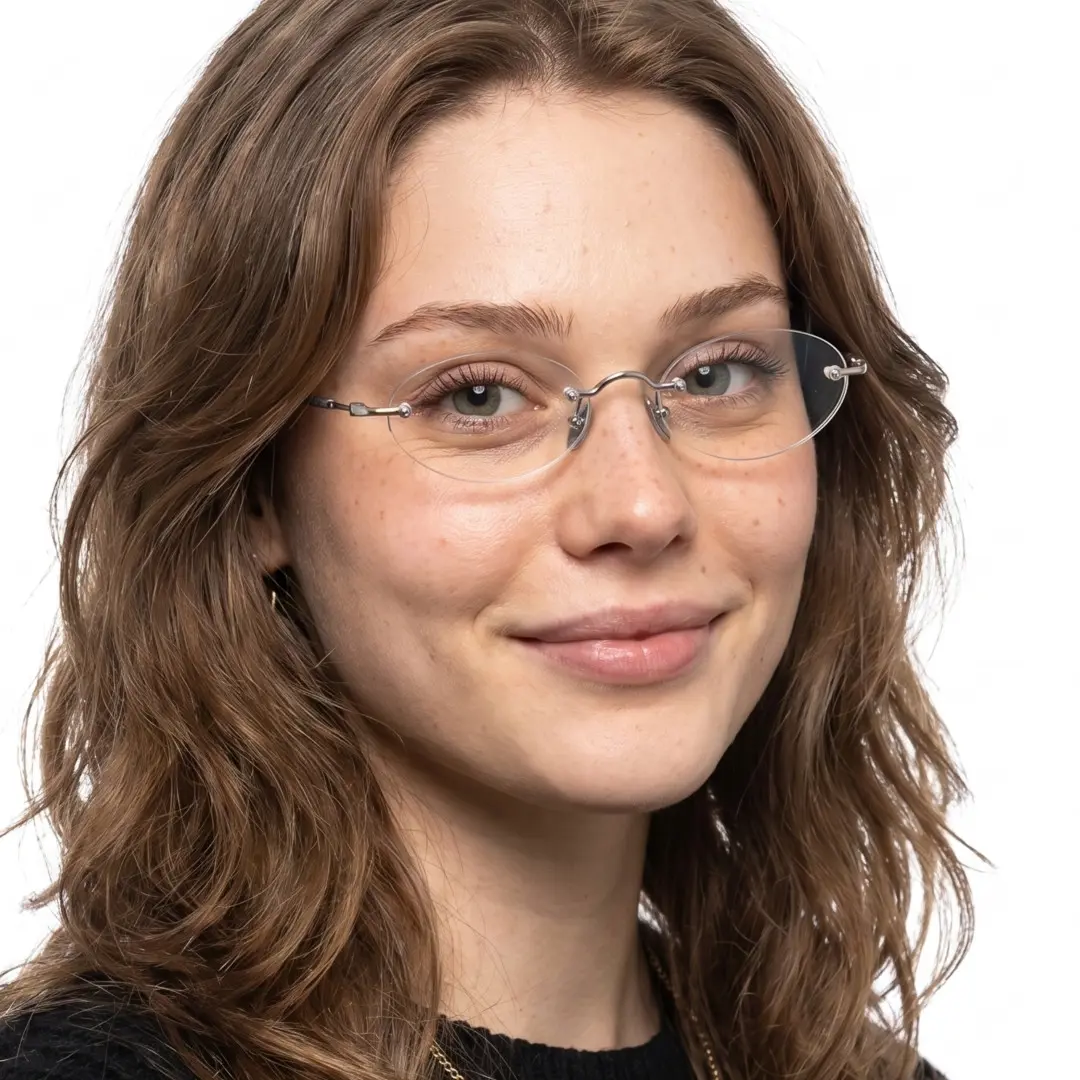 Three-quarter view of female wearing vintage gray oval eyeglasses, natural smile, OA0012604