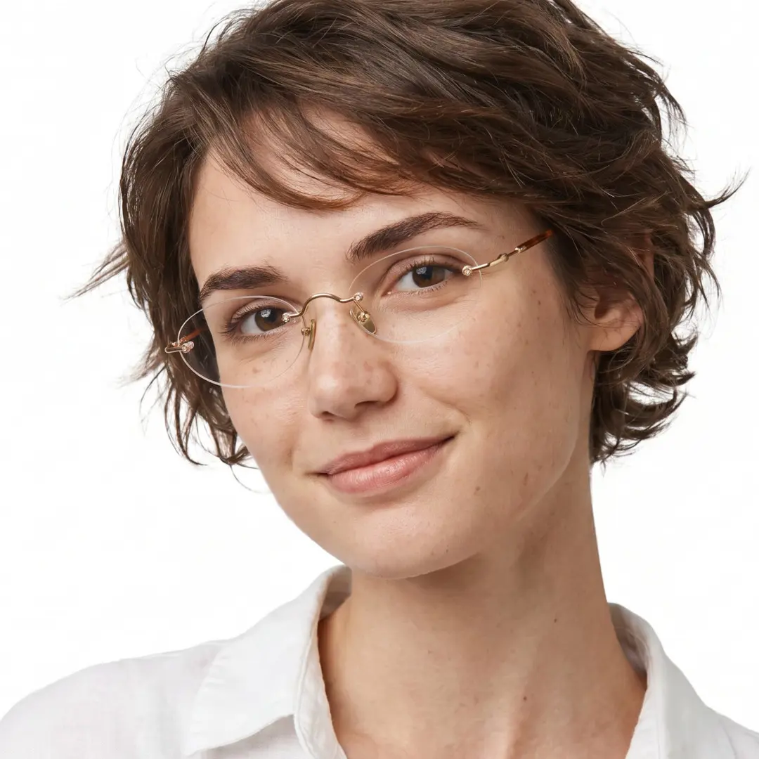 Front view of female wearing vintage tortoise oval eyeglasses, tilting head, natural smile, OA0012604