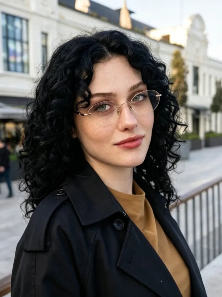 Female model wearing vintage gold oval acetate eyeglasses in a sunlit city plaza. SPU: OA0012604