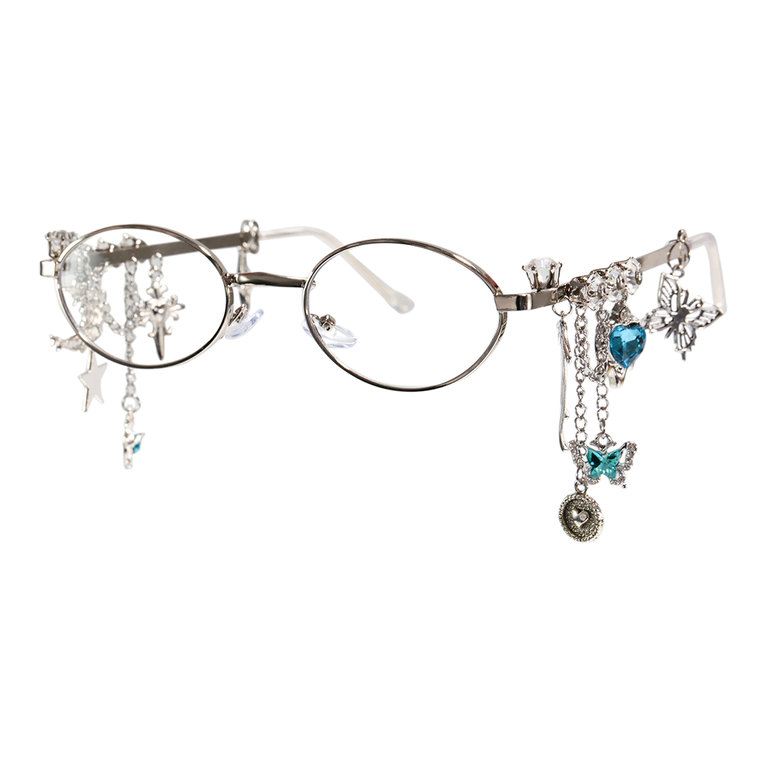 Angle view of Eulalia y2k oval metal eyeglasses OM0062511 in blue