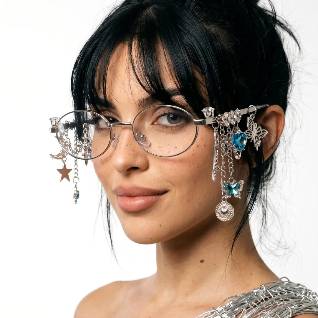 Profile view of female wearing y2k blue oval eyeglasses, natural smile, OM0062511