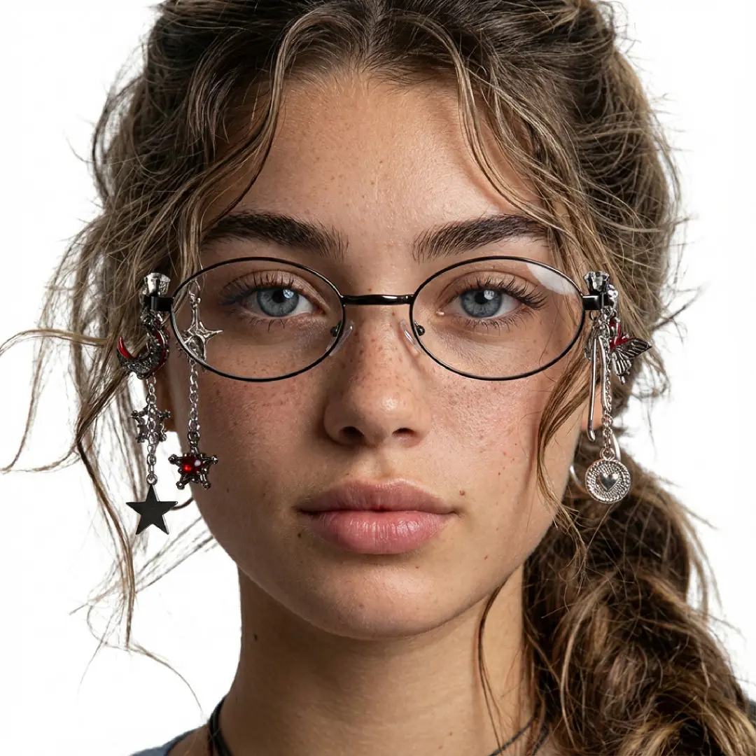 Front view of female wearing red oval eyeglasses, relaxed expression, OM0062511