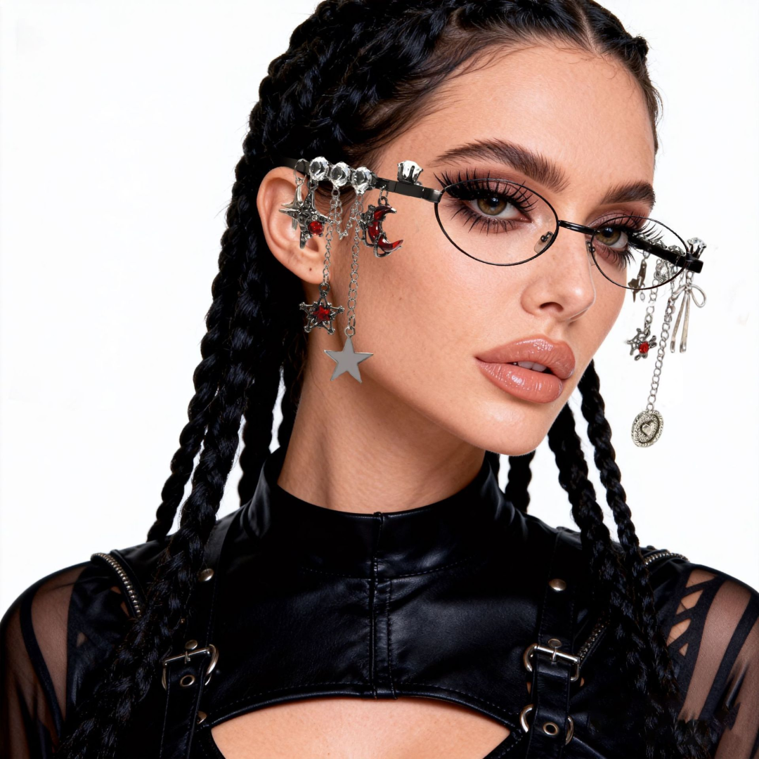 Three-quarter view of female wearing y2k red oval eyeglasses, natural expression, OM0062511