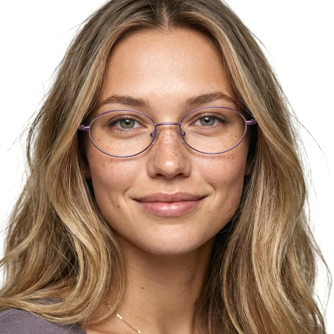 Front view of female wearing y2k light purple oval eyeglasses, soft smile, OM0172410