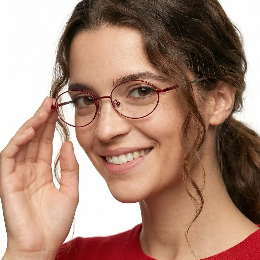Three-quarter view of female wearing red oval eyeglasses, touching frame, smiling, OM0172410