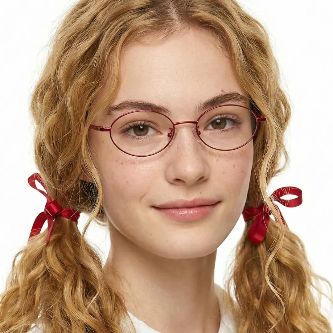 Front view of female wearing y2k red oval eyeglasses, natural expression, OM0172410