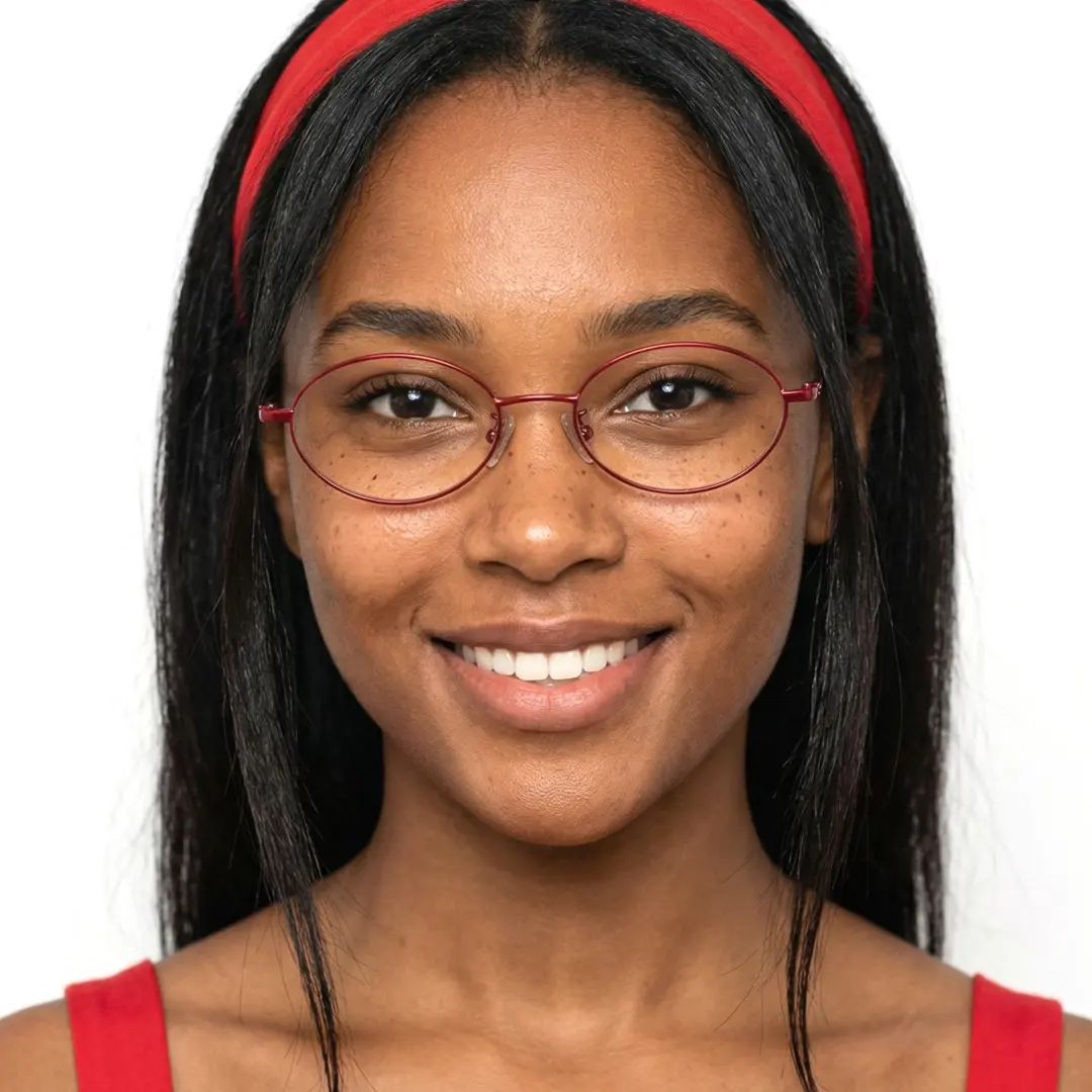 Straight-on view of female wearing y2k red oval eyeglasses, smiling, OM0172410