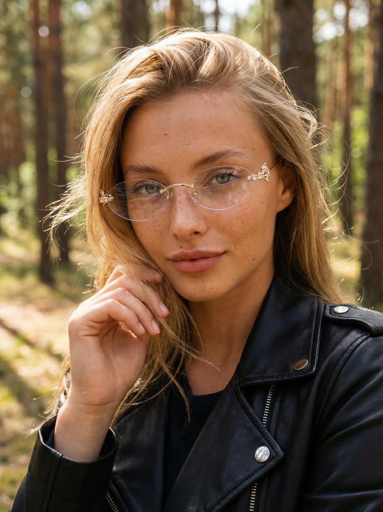 Female model wearing fashion gold oval metal eyeglasses in a black leather jacket standing in a sunny forest. SPU: OM0172601