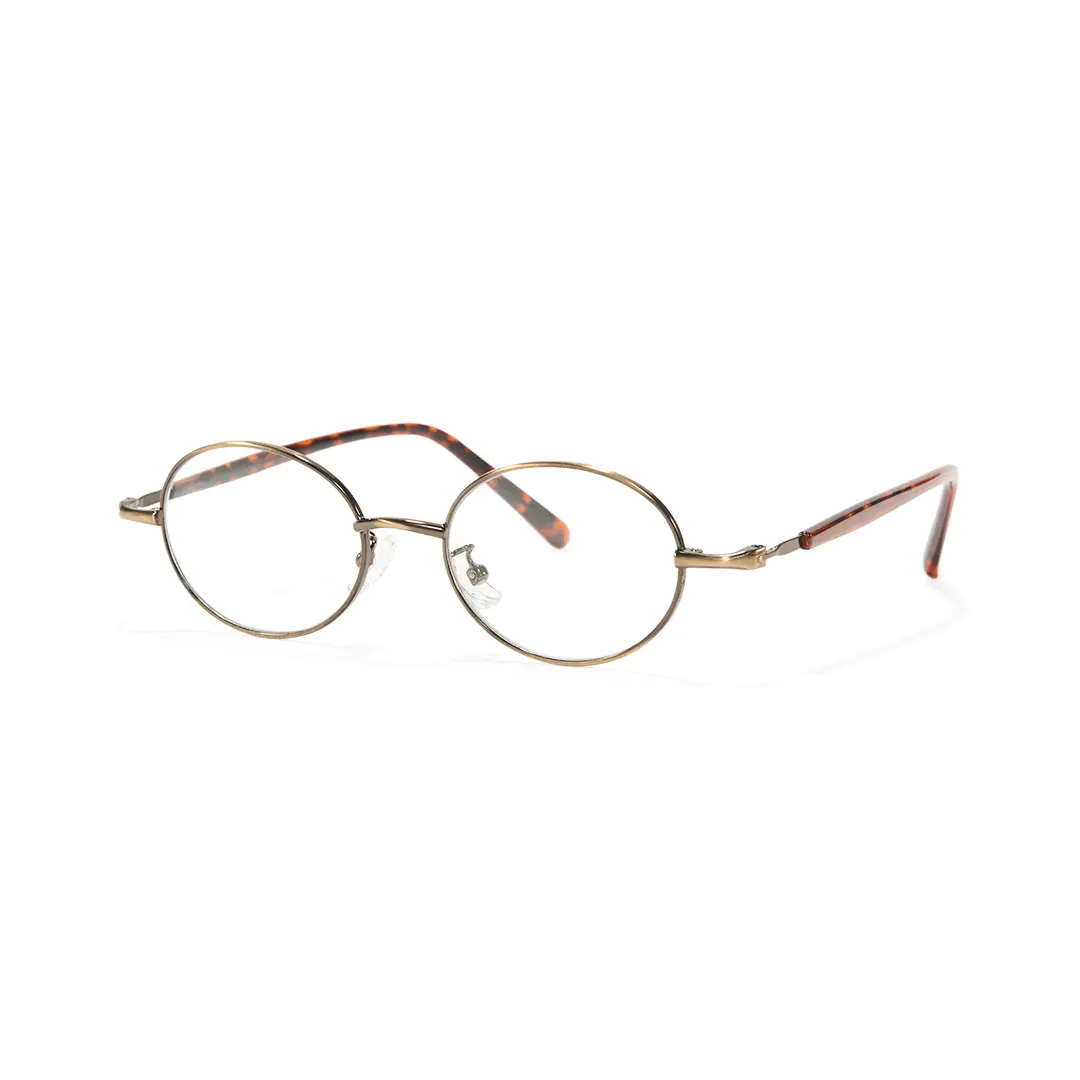 Angle view of Marlow oval metal eyeglasses OM0272508 in brown