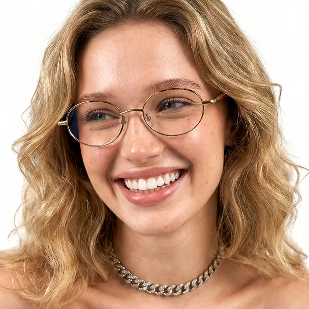 Front view of female wearing y2k brown oval eyeglasses, big smile, OM0272508