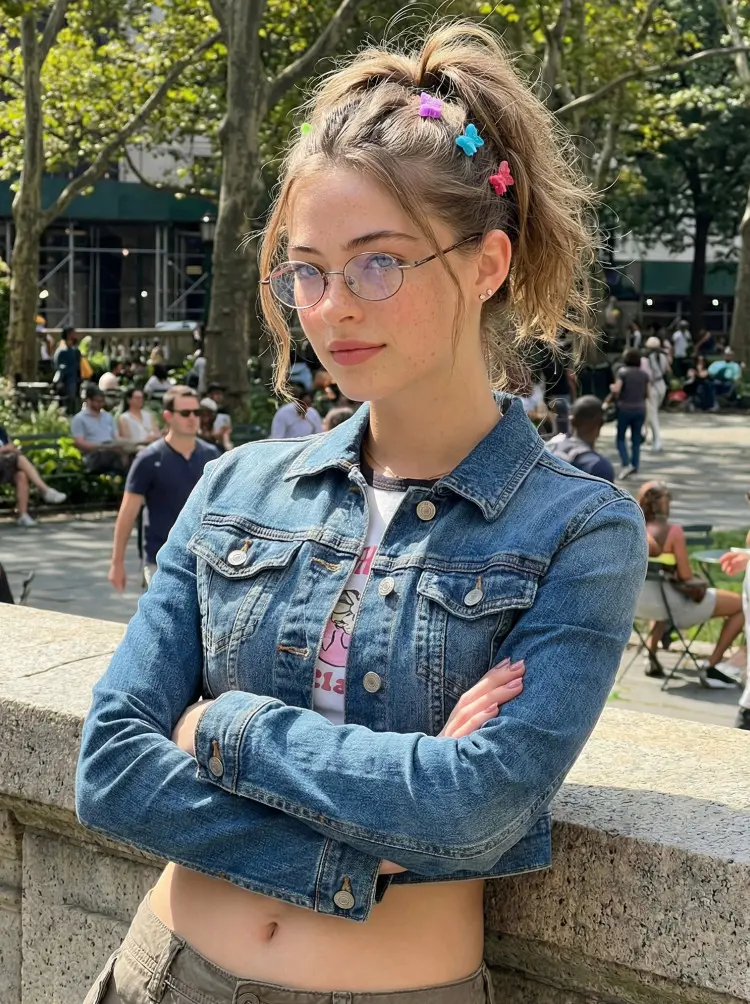 Female model wearing nerd brown oval metal eyeglasses in an outdoor urban park or lively square background. SPU: OM0272508