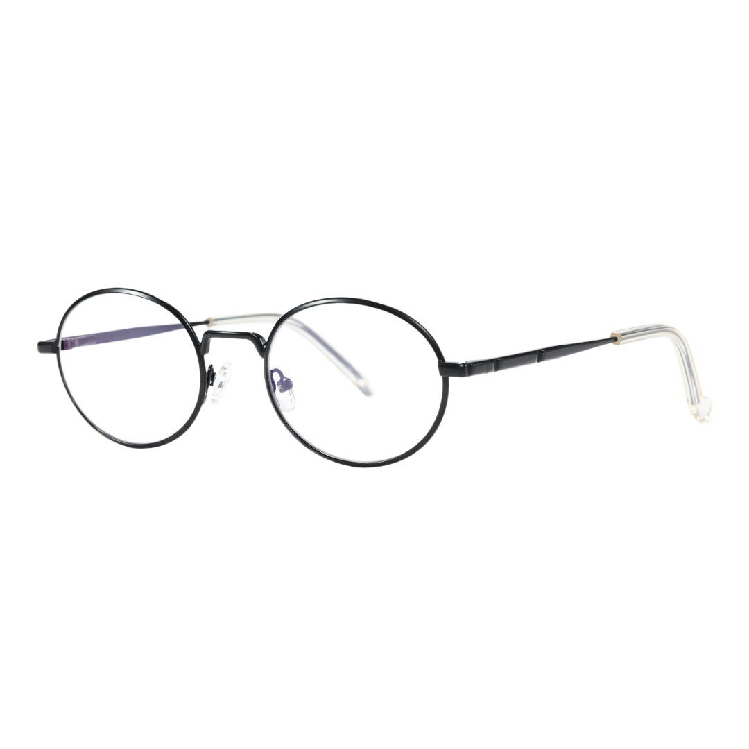 Angle view of Bongrt oval metal eyeglasses OM0302410 in black