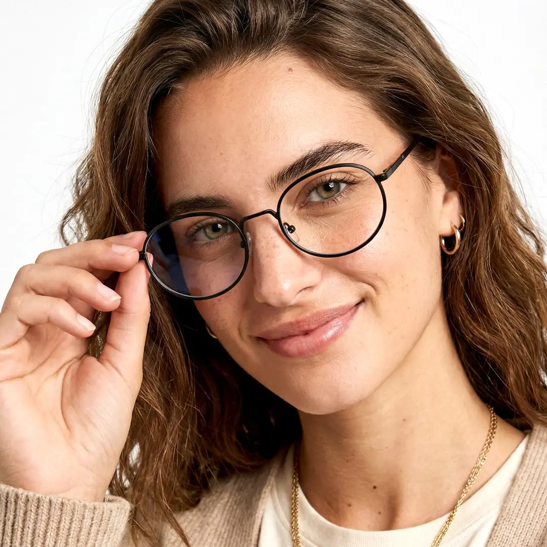 Front view of female wearing vintage black oval eyeglasses, touching frame, natural smile, OM0302410