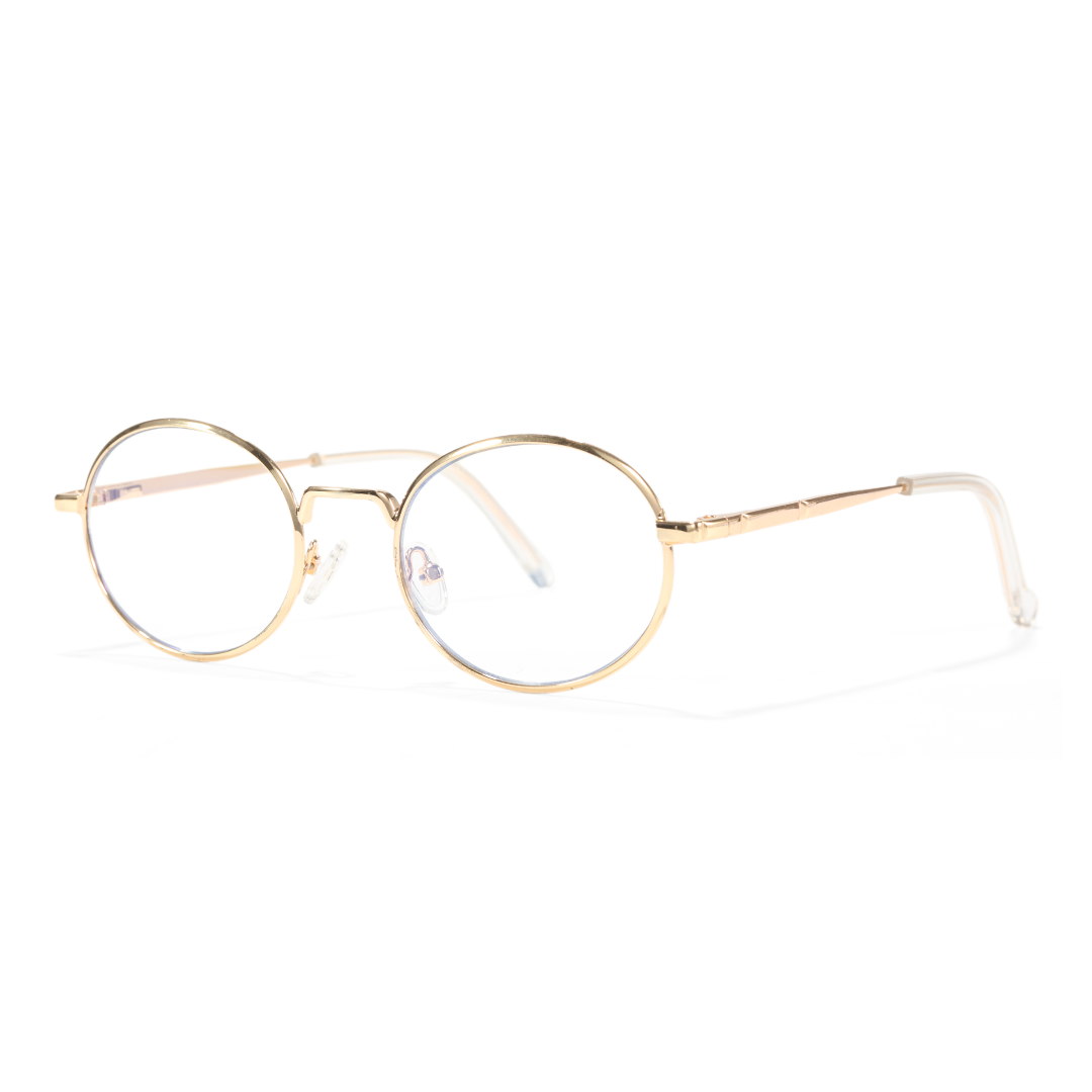 Angle view of Bongrt oval metal eyeglasses OM0302410 in gold
