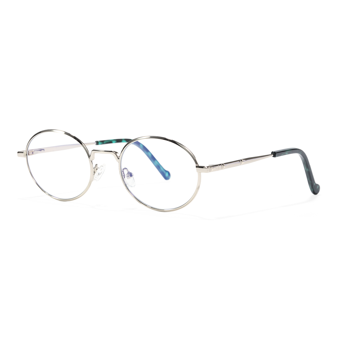 Angle view of Bongrt oval metal eyeglasses OM0302410 in silver