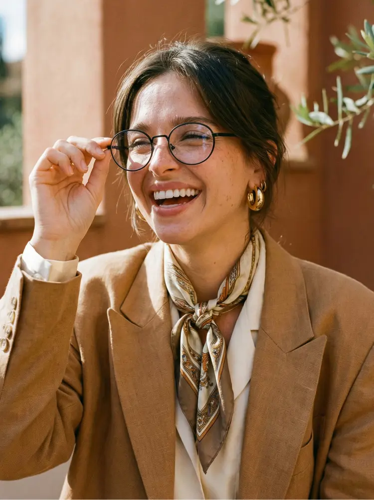Female model wearing vintage black oval metal eyeglasses in a sunlit outdoor courtyard with warm brown building walls and green plants. SPU: OM0302410