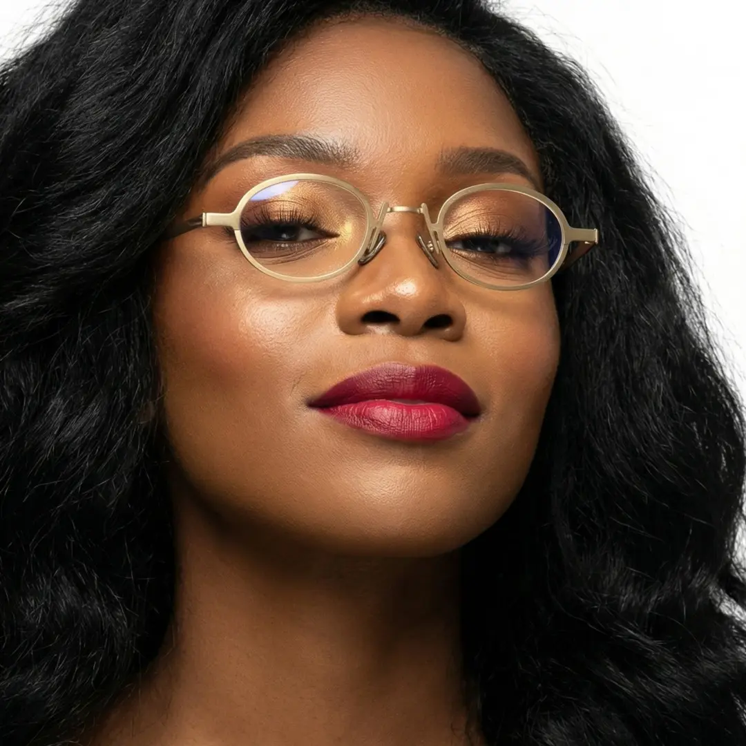 Front view of female wearing vintage gold oval eyeglasses, natural smile, OM0592302