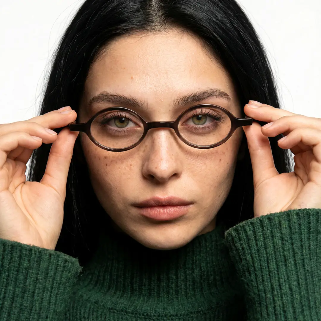 Front view of female wearing grey oval eyeglasses, holding glasses, neutral expression, OP0142307
