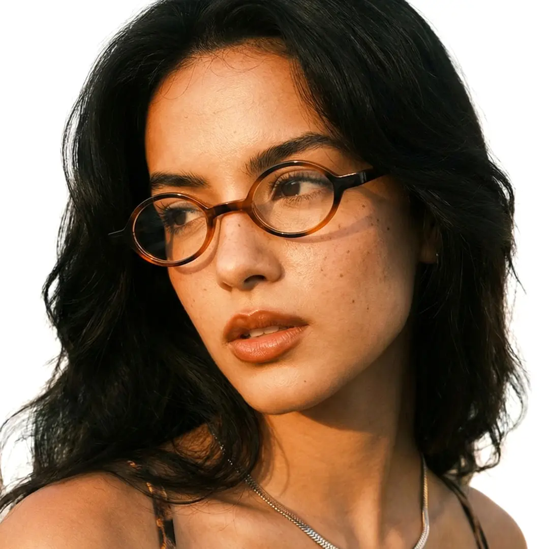 Profile view of female wearing vintage tortoise oval eyeglasses, neutral expression, OP0142307