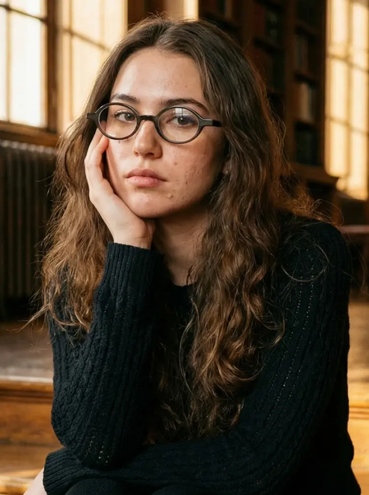 Female model wearing vintage grey oval pc eyeglasses in a sunlit library with warm natural light. SPU: OP0142307